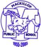 MacKillop Public School Mustang Logo - purple outline of a mustang horse inside the letter M. Beneath it reads 1955-2005